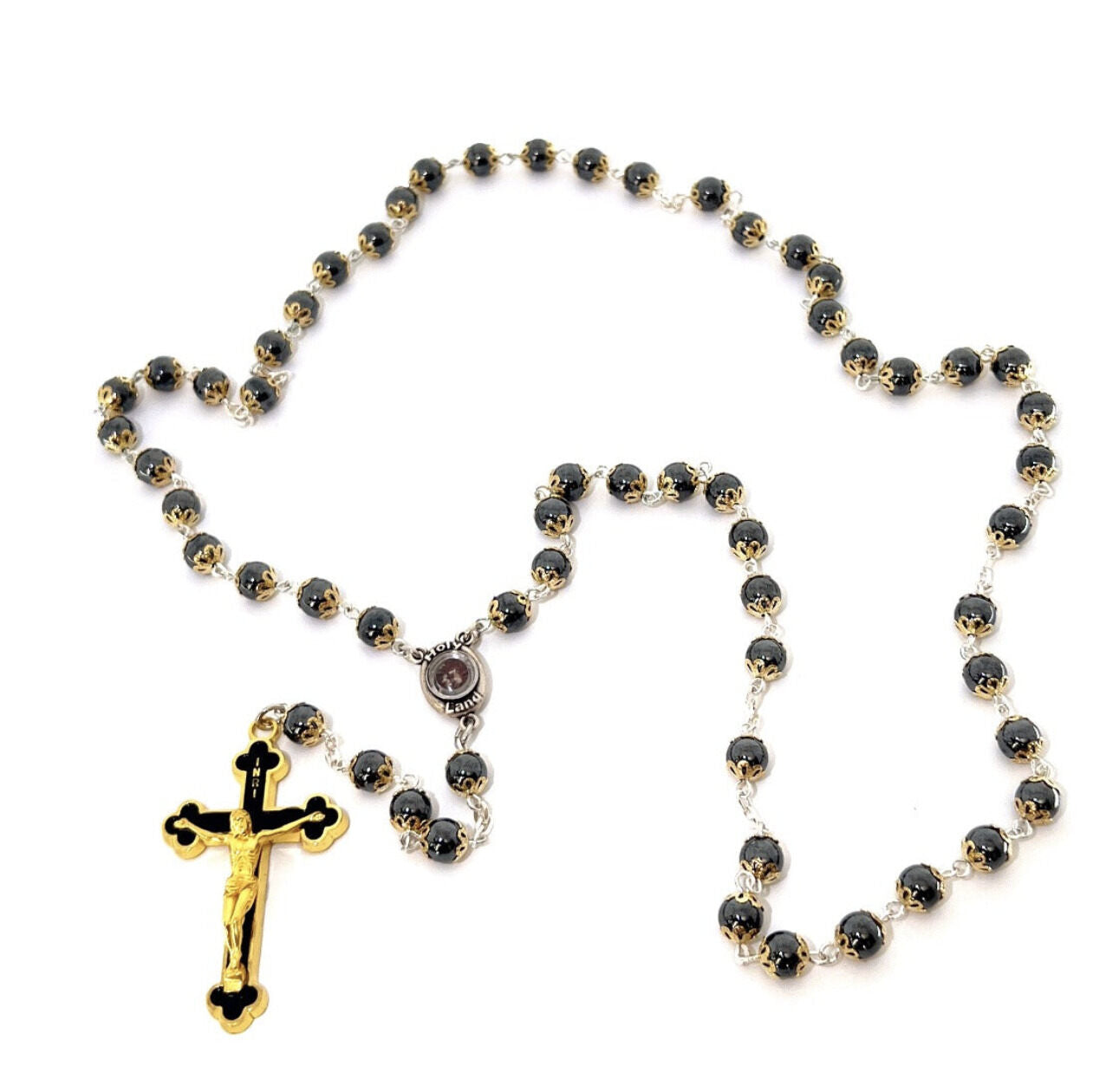 Rosary with Heavy Black Stones, Metal Chain and Gold Plated Corpus on Crucifix