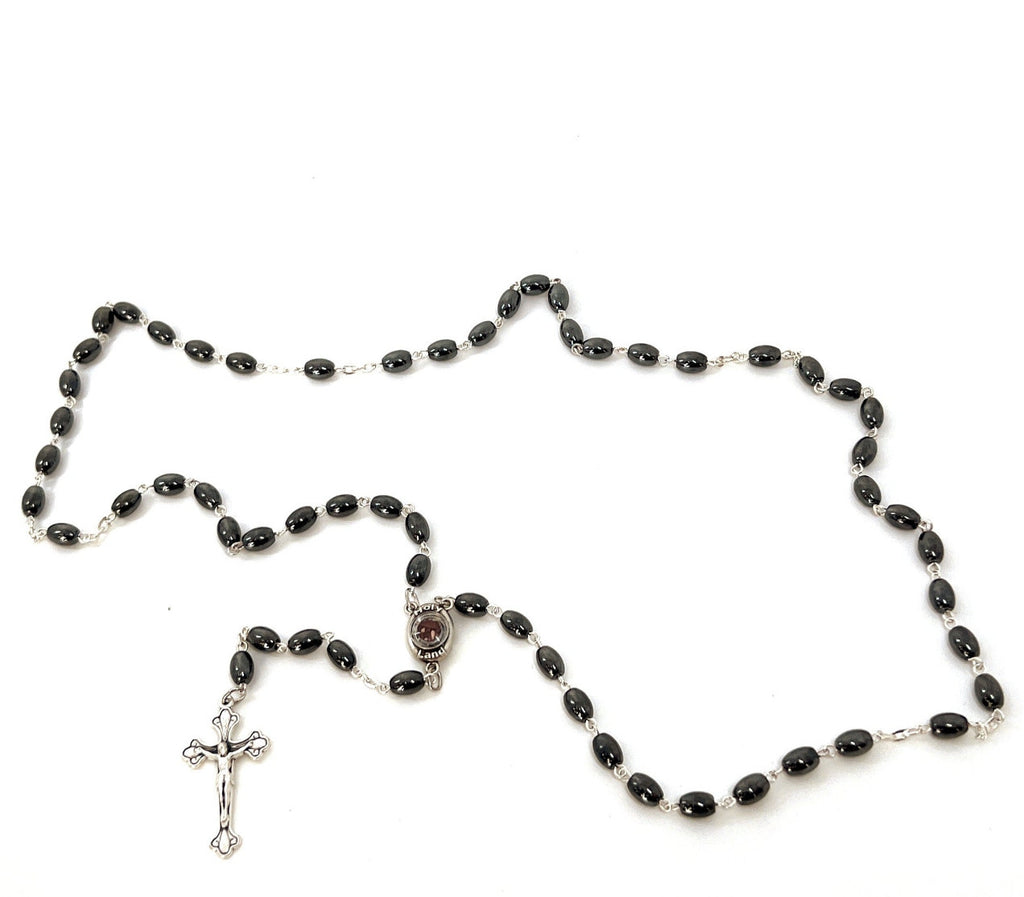 Rosary, Black Oval Stone Beads, 20.9", Metal Chain, Bethlehem Handmade