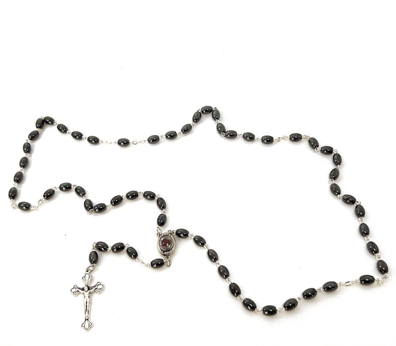 Rosary, Black Oval Stone Beads, 20.9", Metal Chain, Bethlehem Handmade