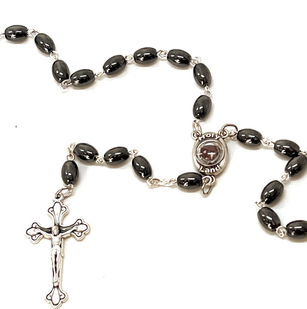 Rosary, Black Oval Stone Beads, 20.9", Metal Chain, Bethlehem Handmade