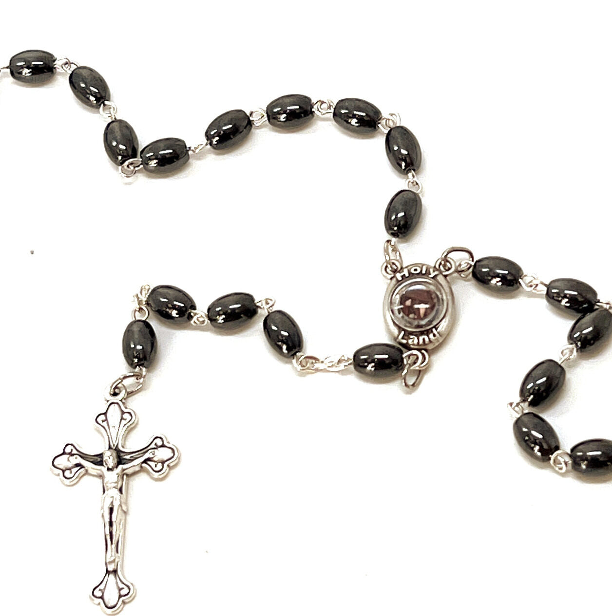 Rosary, Black Oval Stone Beads, 20.9", Metal Chain, Bethlehem Handmade