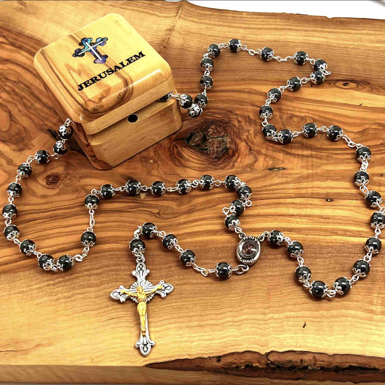Rosary with Heavy Black Beads, Hematite Stone Beads, Made in Bethlehem