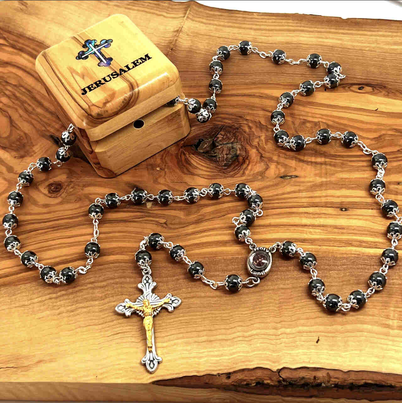 Rosary, Black Stone Beads, 22.4", Bethlehem Handmade