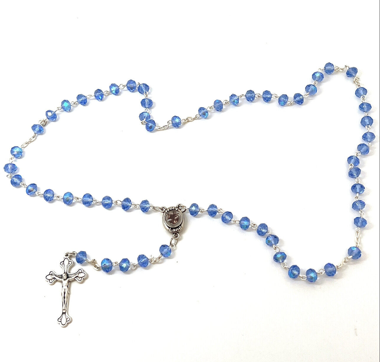 Rosary with Blue Crystal Beads, 2" Crucifix with Metal Chain, Made in Bethlehem
