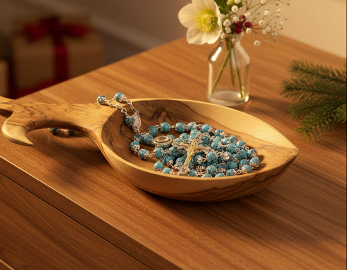 Olive wood rosary hand made in Bethlehem Holy Land, 22.4 inch side angle of the olive wood sculpture