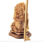 Jesus Christ statue hand carved from Bethlehem olive wood, 10.5 inch back view of the olive wood sculpture