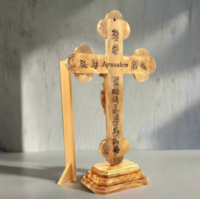 13.8" Standing Crucifix with 2.5" Base, Carved Corpus and 5 Holy Land Souvenirs