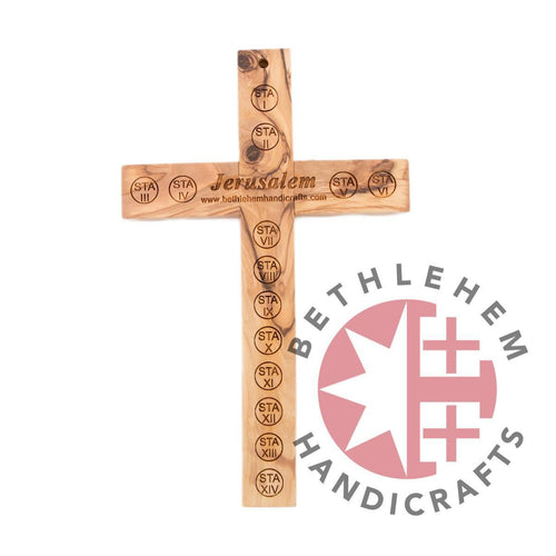 Olive wood wall cross hand carved in Bethlehem, 11.9 inch side angle of the olive wood sculpture