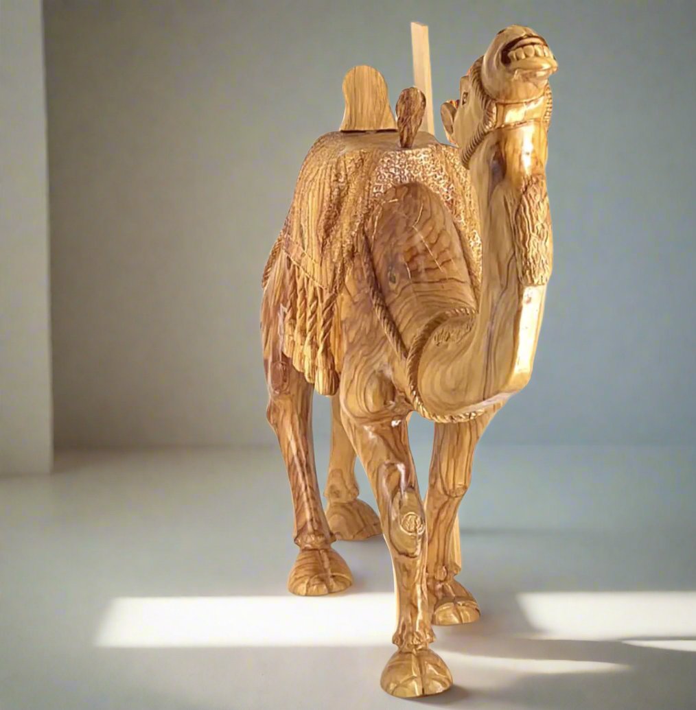 Camel Masterpiece Carving, 26" Tall, Large Olive Wood from Holy Land