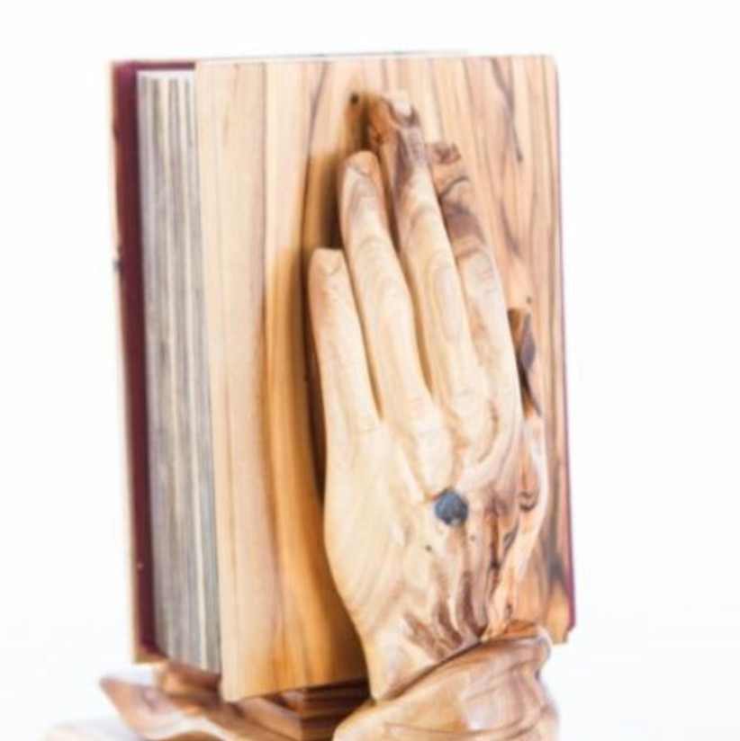 Hand Sculptured Book Holder Made from Carved Wooden Hands with Unique Wood Grain Pattern, with Bible