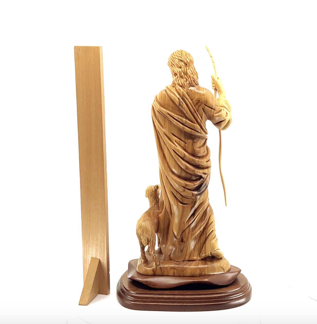Good Shepherd statue hand carved from Bethlehem olive wood, 12.6 inch top angle showing detail of the craftsmanship