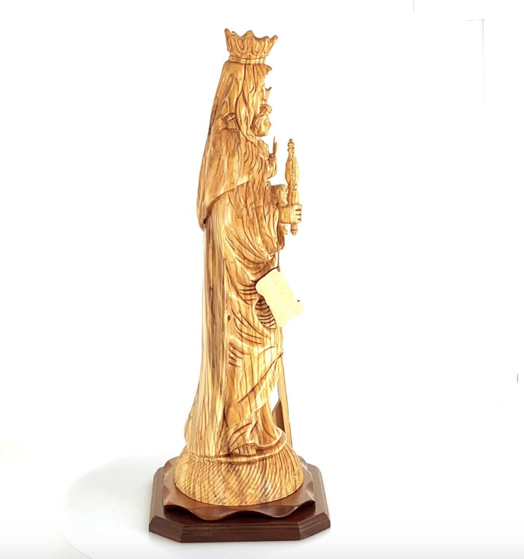 Our Lady of Mount Carmel olive wood statue from Bethlehem hand carved, 17.3 inch back view of the olive wood sculpture