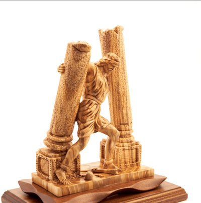 Samson Destroys Two Pillars of the Temple Wooden Carving, Hand Carved from Olive Wood with Mahogany Base, Masterpiece Sculpture from the Holy Land