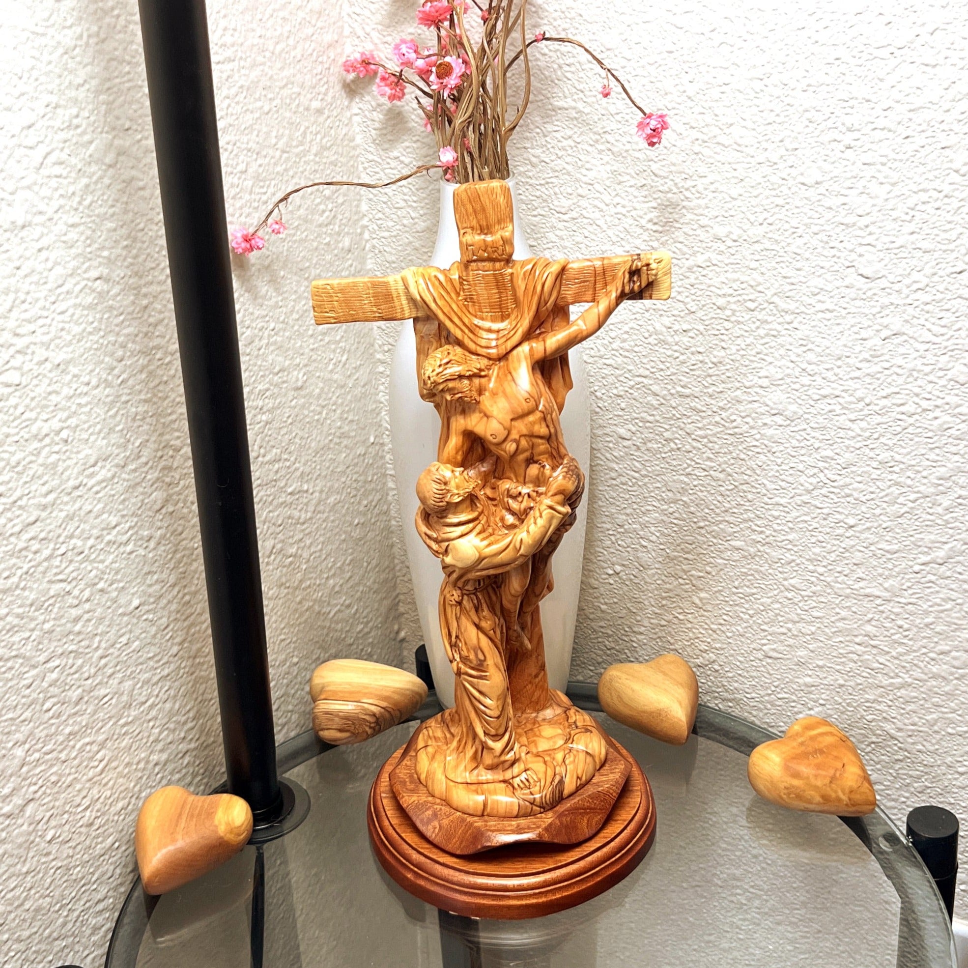 Jesus Christ olive wood wall cross from Bethlehem, 13.2 inch scale reference view