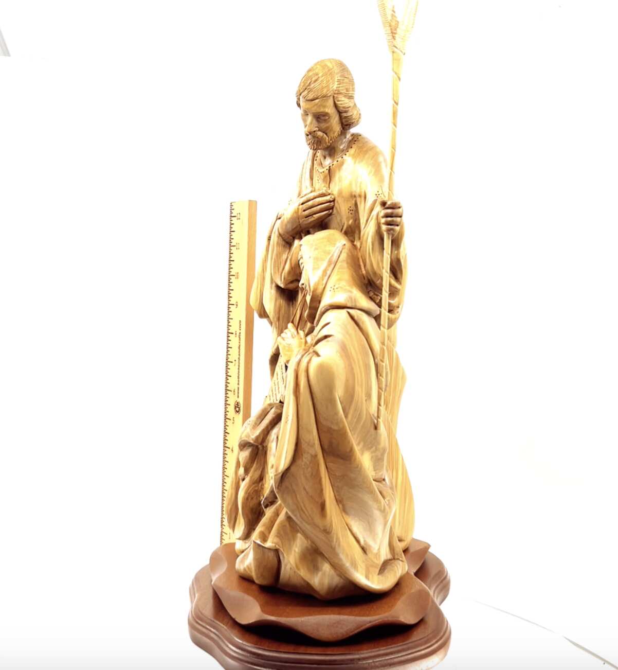 Olive wood nativity scene hand carved in Bethlehem, 16 inch detail of the carved figure