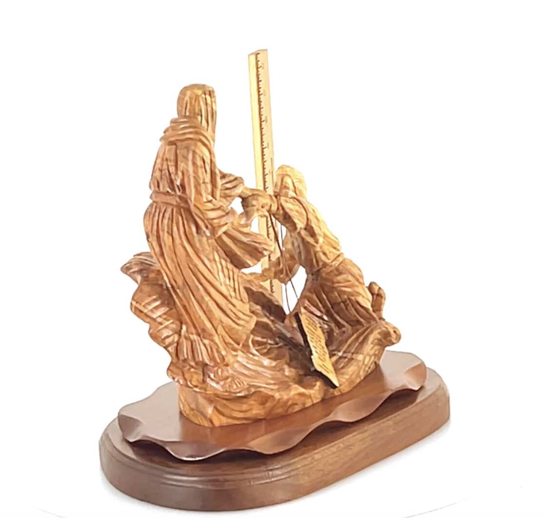 Jesus Christ statue hand carved from Bethlehem olive wood, 14.4 inch top angle showing detail of the craftsmanship