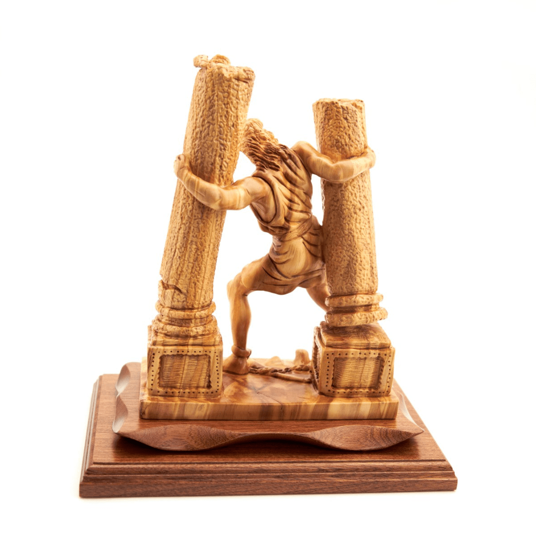 Biblical Inspired Image of Samson Destroying Two Pillars of the Temple Wooden Carving, Hand Carved from Olive Wood with Mahogany Base, Masterpiece Sculpture from the Holy Land