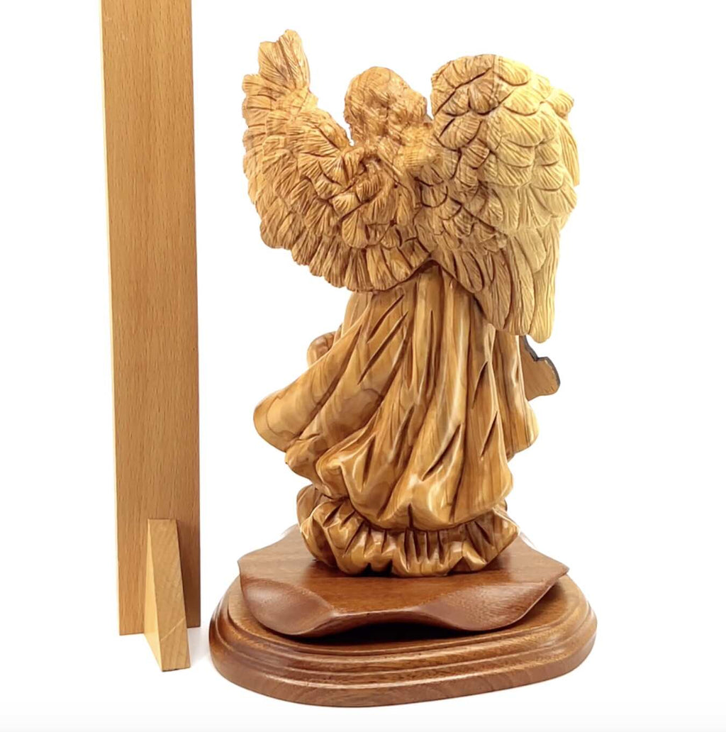 Angel olive wood statue hand carved in Bethlehem, 9.7 inch back view of the olive wood sculpture