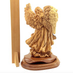 Angel olive wood statue hand carved in Bethlehem, 9.7 inch back view of the olive wood sculpture