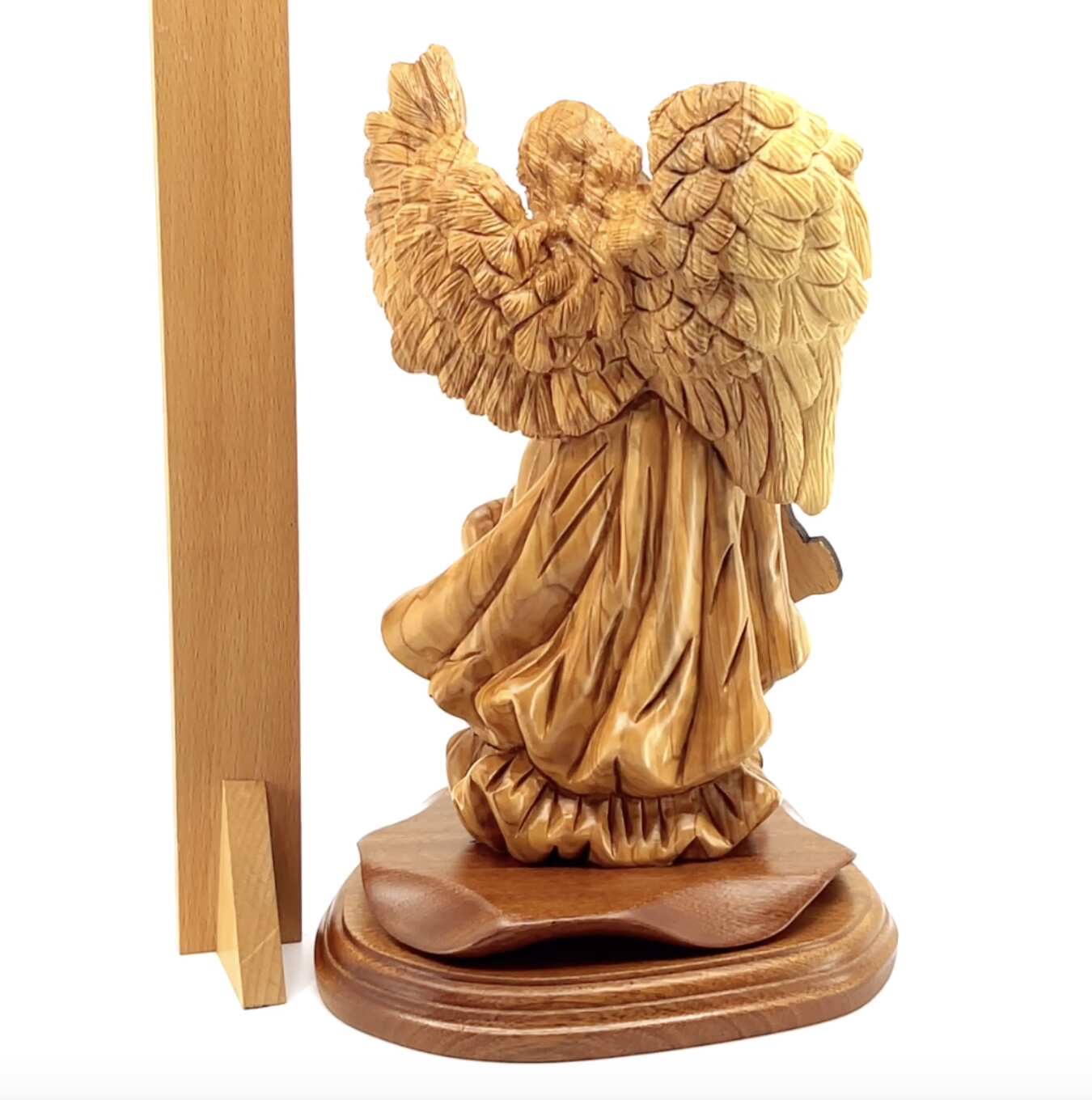 Angel olive wood statue hand carved in Bethlehem, 9.7 inch back view of the olive wood sculpture
