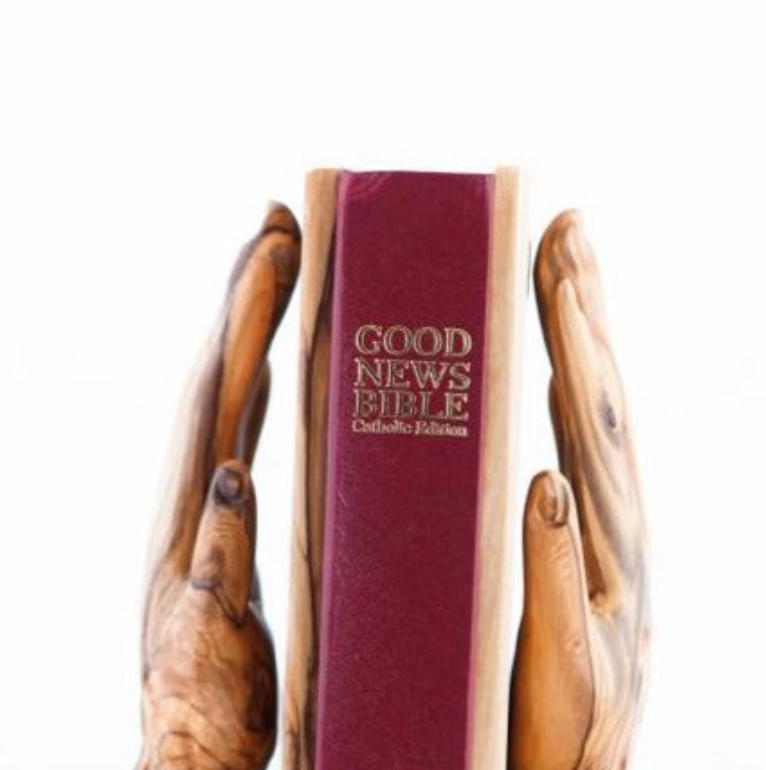 Hand Made Carved Wooden Hands Holding Bible, Olive Wood, Good News Bible, Christian Home Decor for Book Shelf