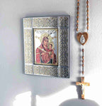 Virgin Mary Christian icon hand made in Bethlehem, front view of the silver masterpiece