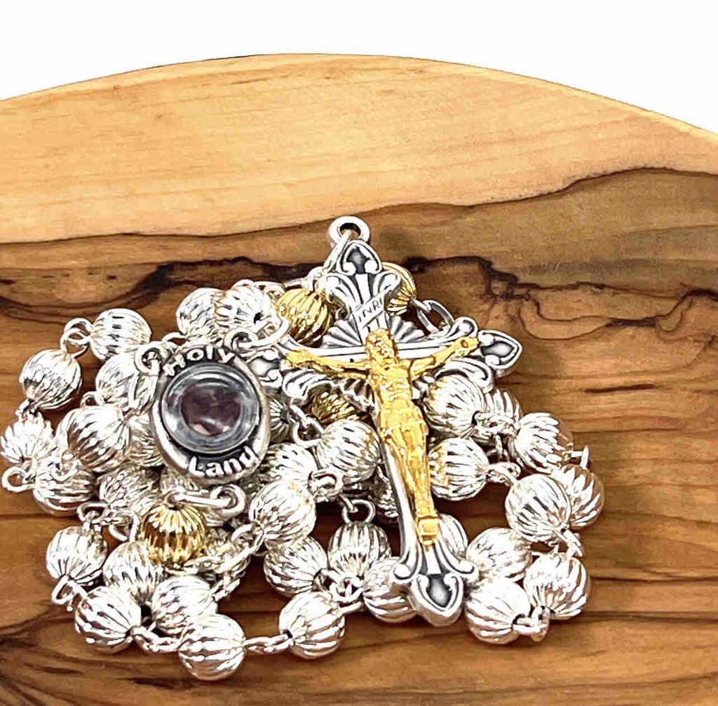 Rosary, Sterling Silver Plated Beads, 20.9", Metal Chain with 2" Crucifix