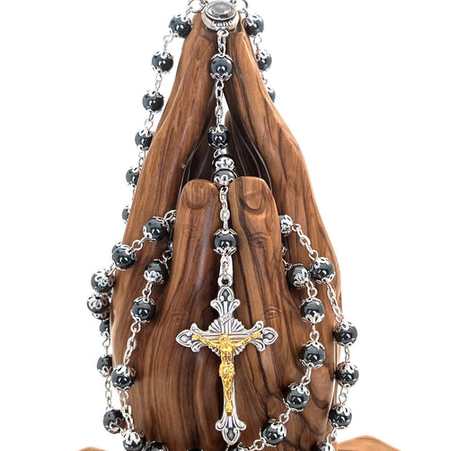Olive wood rosary hand made in Bethlehem Holy Land, 22.4 inch side angle of the olive wood sculpture