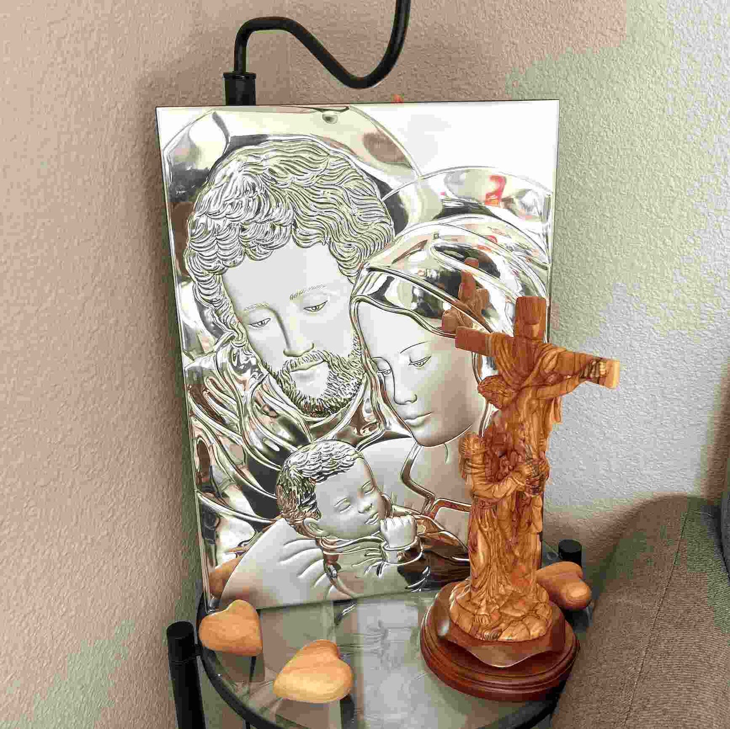 Holy Family with Baby Jesus Christ Silver Icon Standing or Wall Hanging Christian Art