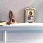 Jesus Christ Christian icon hand made in Bethlehem, three quarter view of the religious piece