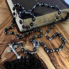 Rosary, Black Oval Stone Beads, 20.9", Metal Chain, Bethlehem Handmade