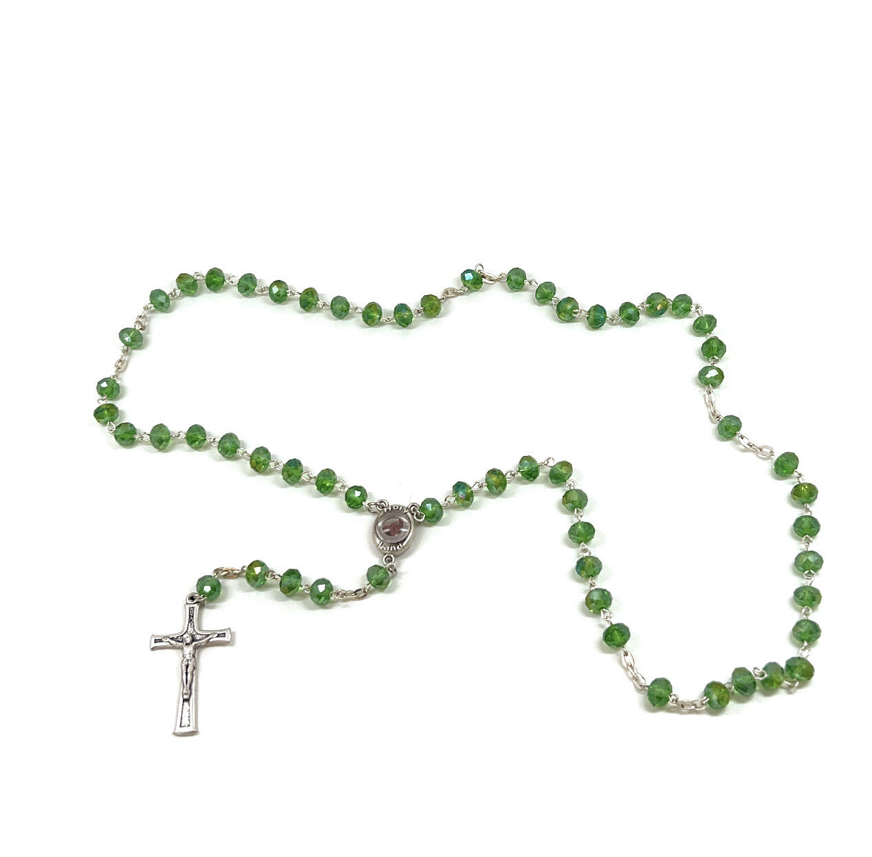 Rosary with Green Crystal Beads, Metal Chain with 2" Crucifix, Made in Holy Land