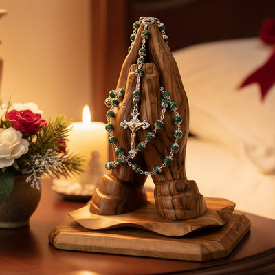 Rosary, Green Stone Beads, 22.4", Metal Chain, Bethlehem Handmade