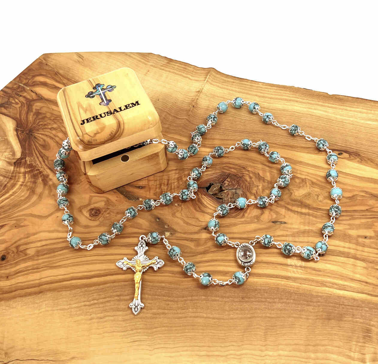 Rosary, Turquoise Stone Beads, 22.4", Metal Chain, Baby Blue, Bethlehem Handmade