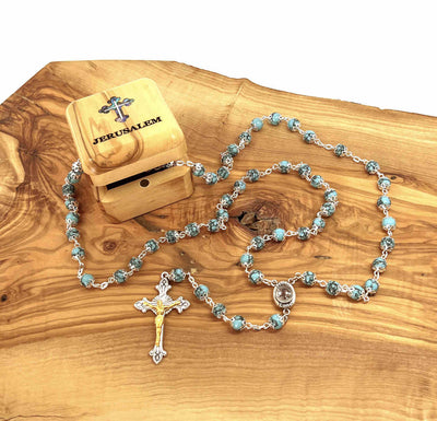 Rosary, Turquoise Stone Beads, 22.4", Metal Chain, Baby Blue, Bethlehem Handmade