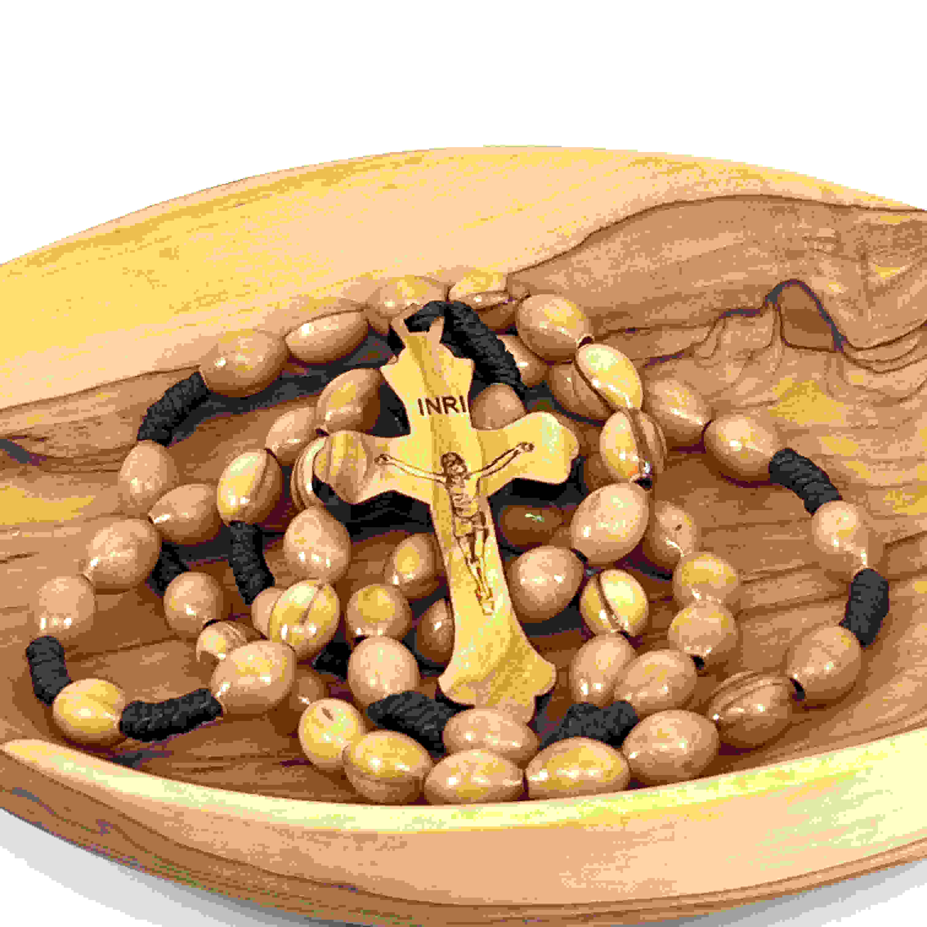 Rosary, Wooden Oval Beads with Rope Cord, 9.8" Engraved Crucifix, Holy Land Olive Wood