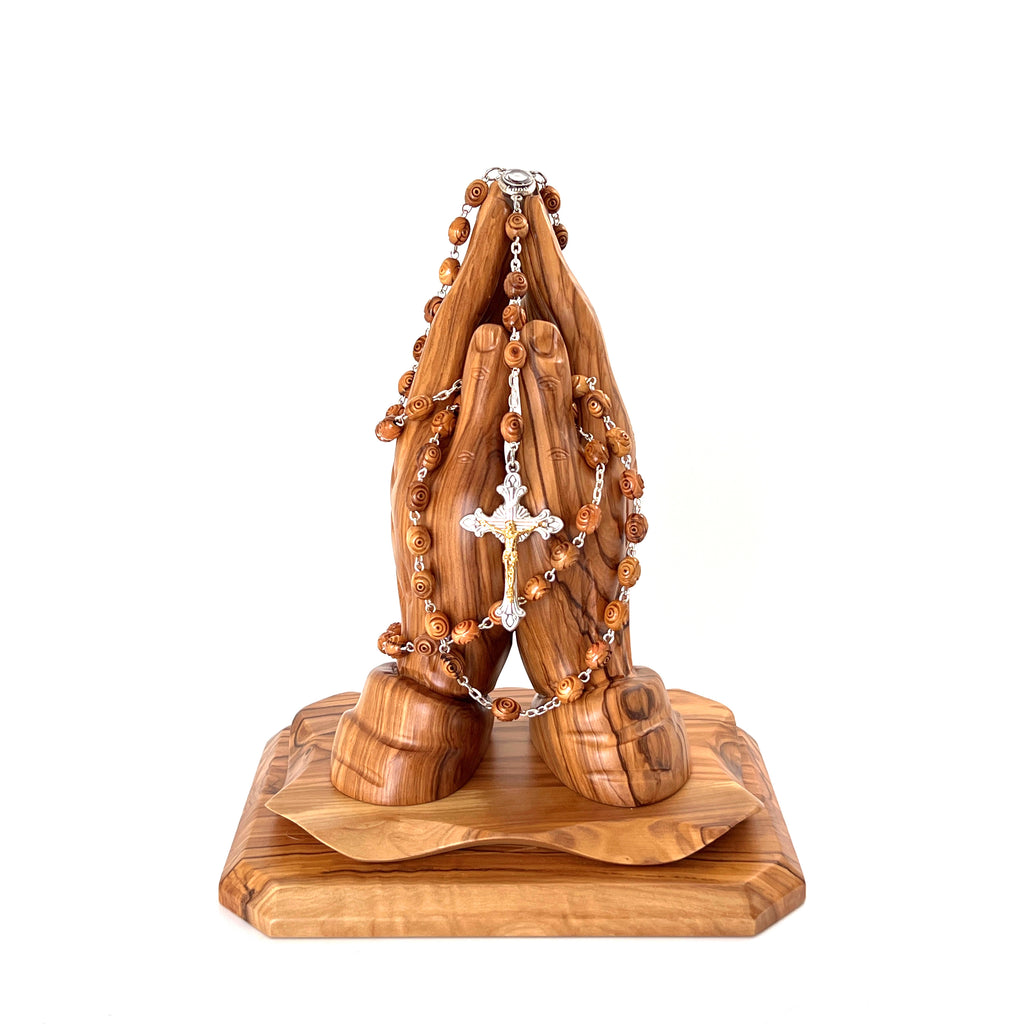 Olive wood crucifix hand carved in Bethlehem, 16.5 inch three quarter view of the religious piece
