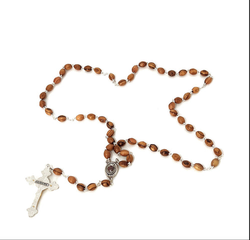 Olive wood rosary hand made in Bethlehem Holy Land, 22.4 inch front view of the olive wood masterpiece