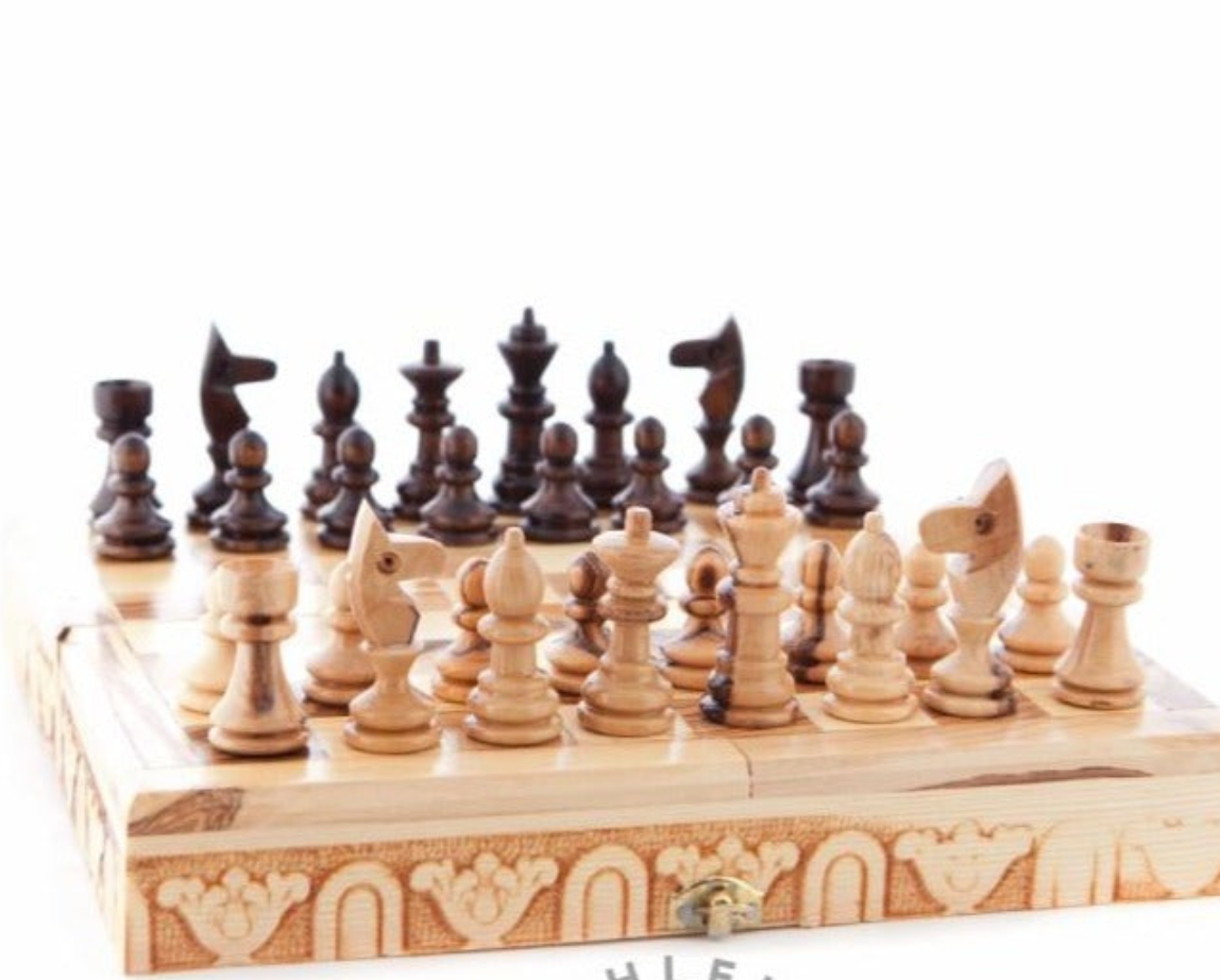 Unique Wooden Hand Made Chess Board and Set with Carved Pieces, Folding Portable Travel Board Made from Olive Wood grown in the Holy Land 