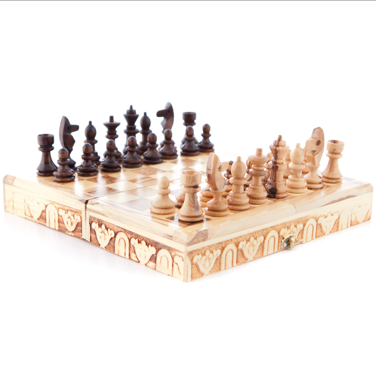 Large Hand Made Chess Board and Set with Carved Pieces, Folding Portable Travel Board Made from Olive Wood grown in the Holy Land 