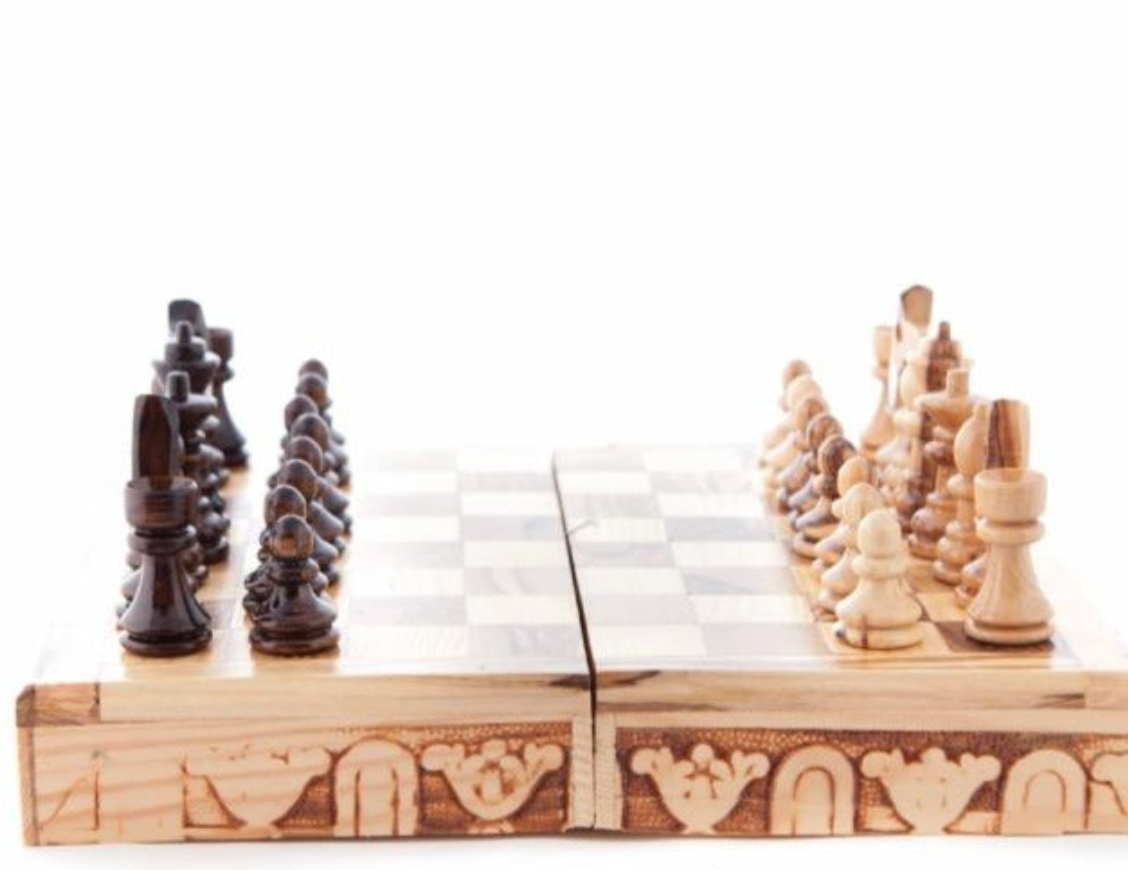 Unique Hand Made Chess Board and Set with Carved Pieces, Folding Portable Travel Board Made from Olive Wood grown in the Holy Land 