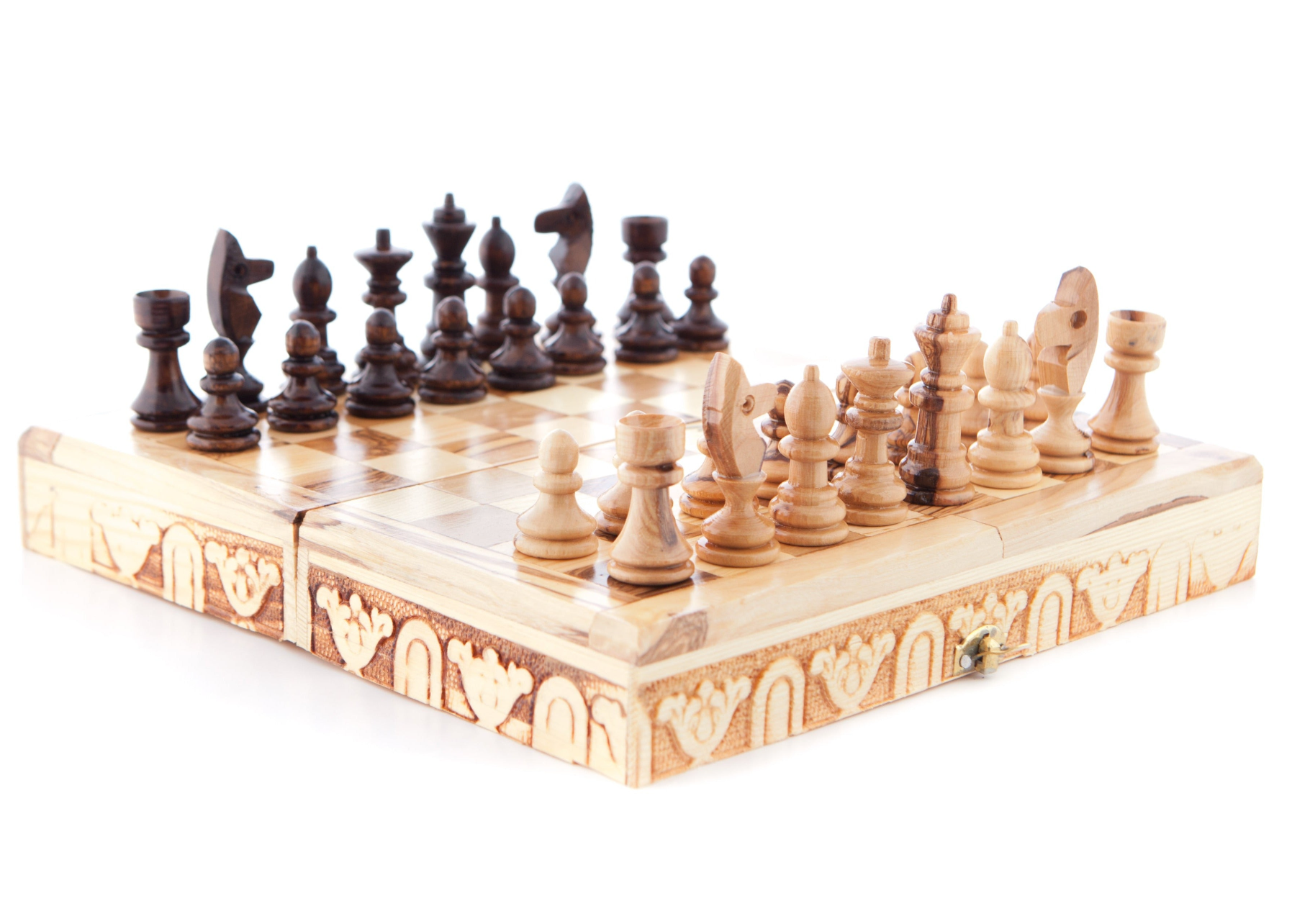 Travel Chess Set with Carved Pieces and Folding Board, Portable Board Made from Holy Land Olive Wood, metal closing clasp 
