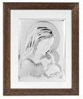 Virgin Mary Holding Holy Baby Jesus Christ Silver Plated Icon Wood Frame,