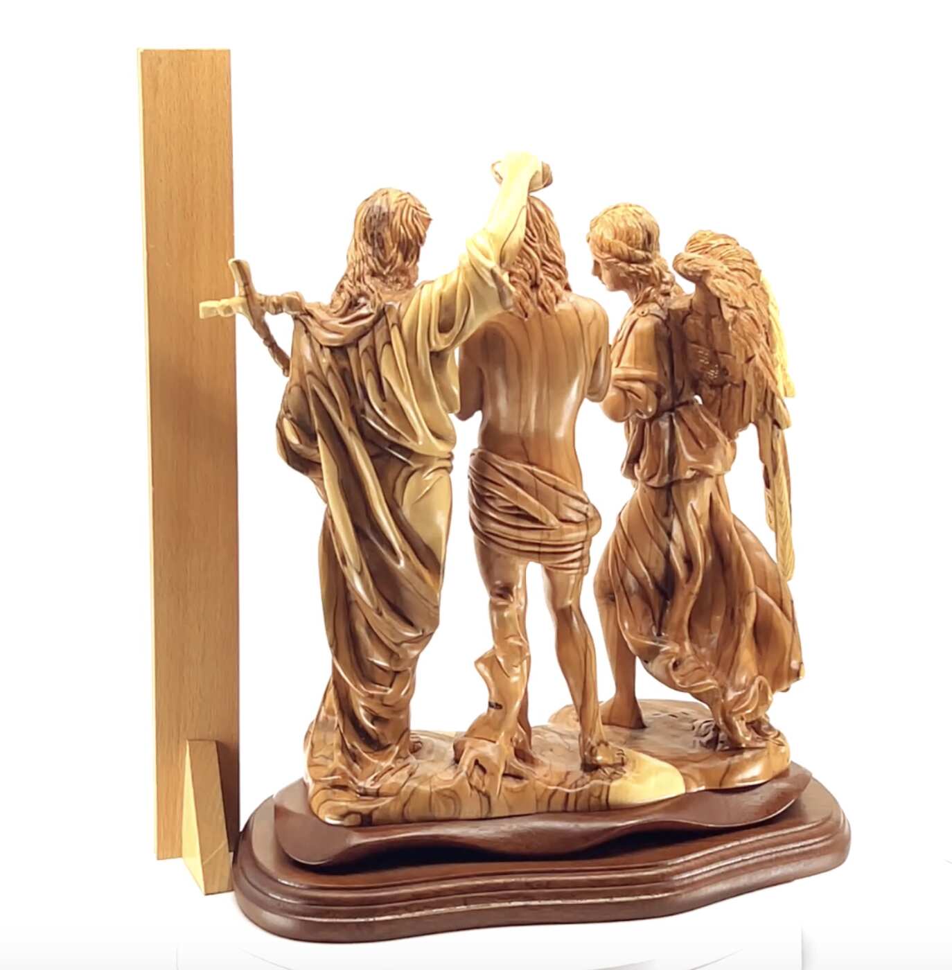 Jesus Christ "Baptism by Saint John" with Angel Sculpture, 11.4" Holy Land Carving from Olive Wood