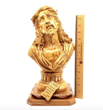 'Bust of Jesus' Head' 14.5", Carved Statute from Holy Land Olive Wood