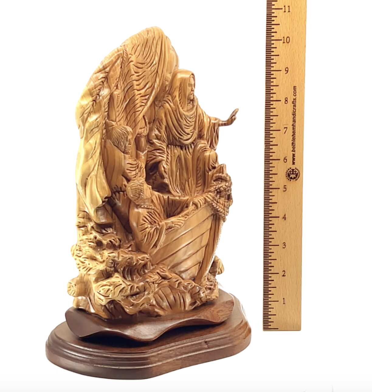 Jesus Christ statue hand carved from Bethlehem olive wood, 10.5 inch three quarter view of the religious piece