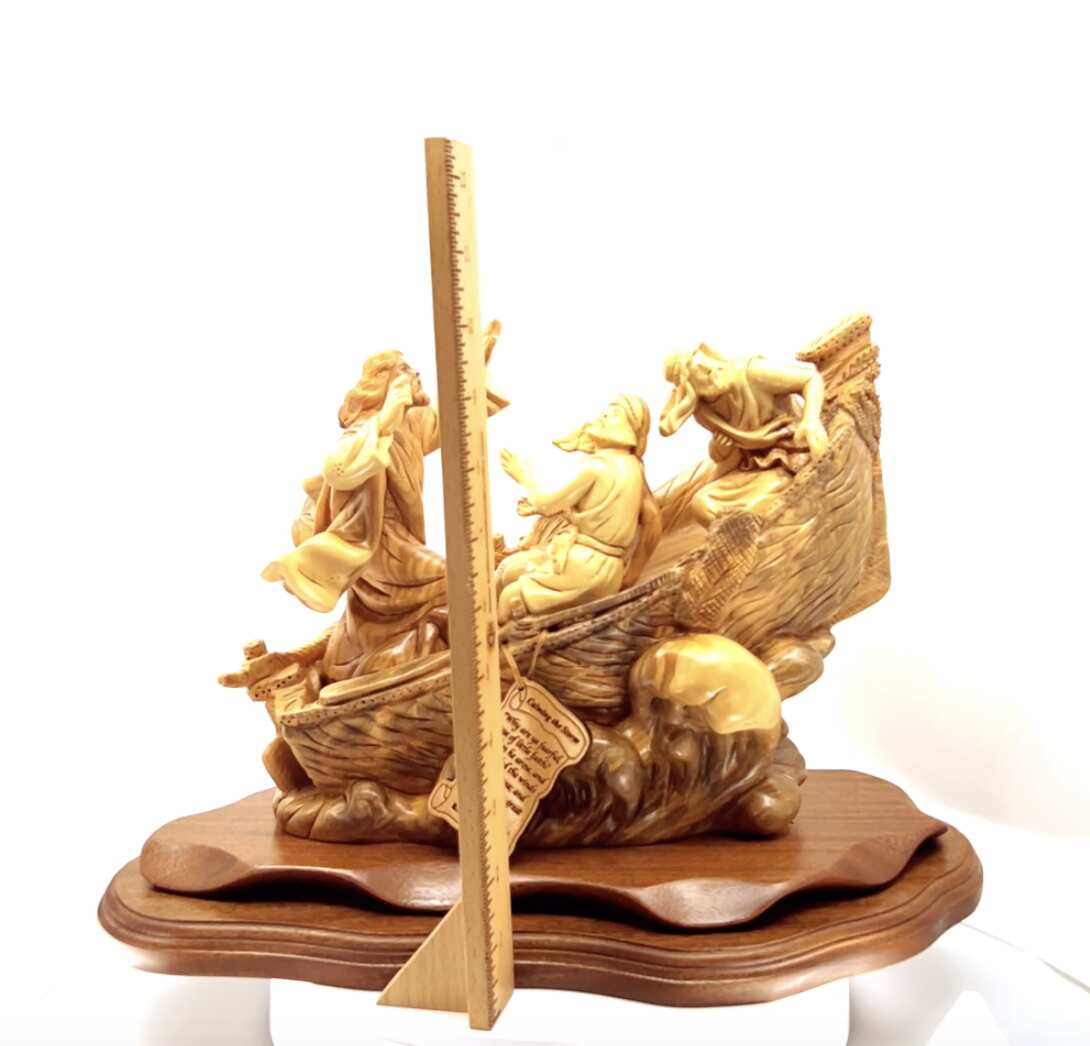 Jesus Christ "Calms The Storm" on Boat, 15.5" Masterpiece Wooden Carving