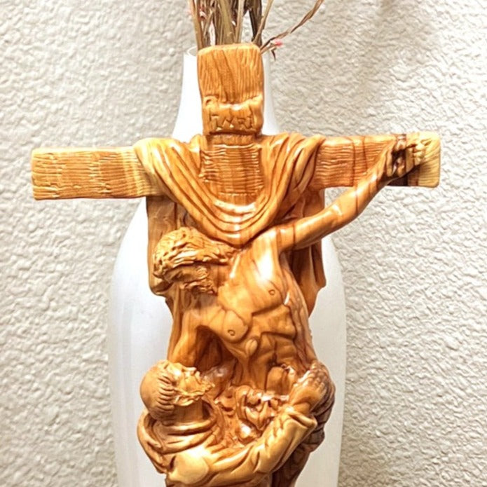 Jesus Christ olive wood wall cross from Bethlehem, 13.2 inch lifestyle photo on display