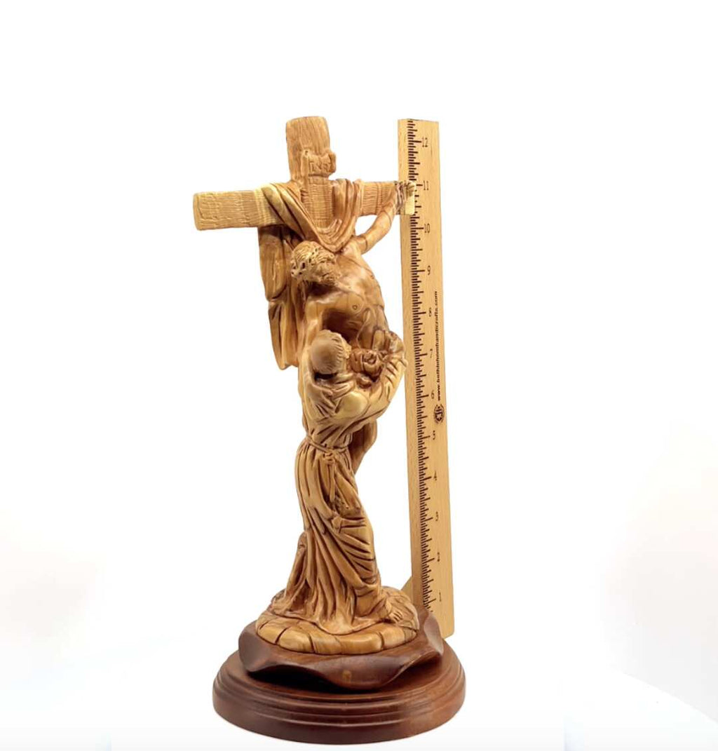 Jesus Christ olive wood wall cross from Bethlehem, 13.2 inch opposite side angle of the religious sculpture
