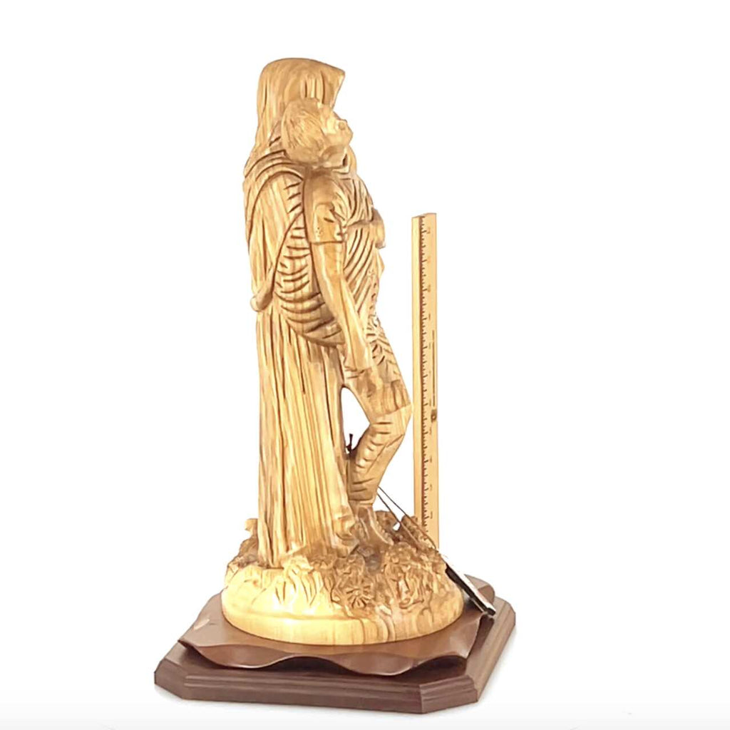Jesus Christ statue hand carved from Bethlehem olive wood, 19.3 inch top angle showing detail of the craftsmanship